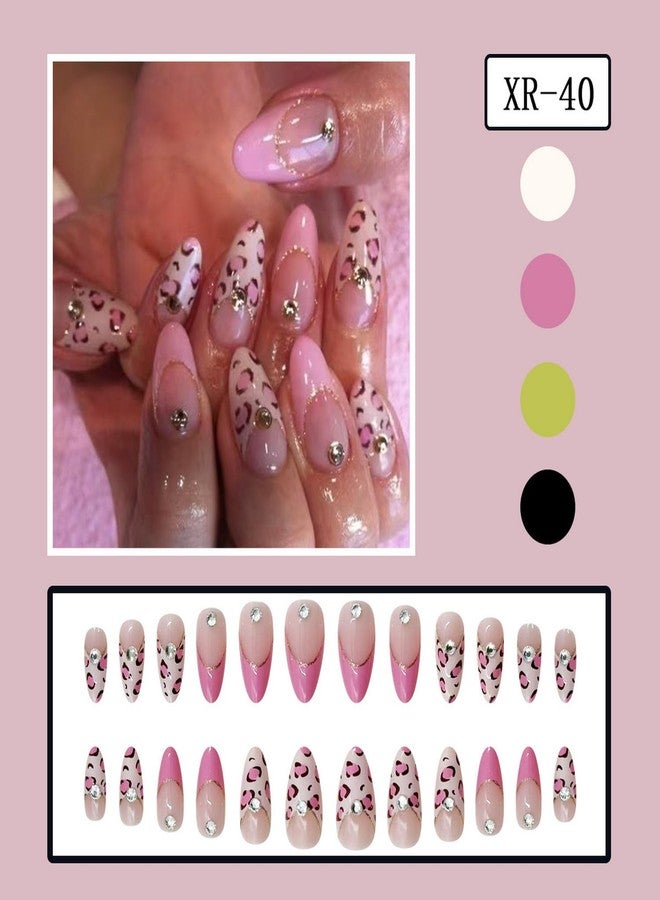 GRITOSE Pink Press on Nails Almond Fake Nails Leopard Print French Tip Press ones with designs Rhinestones Acrylic Nails Gold Glitter Artificial Nails Full Cover Glue on Nails for Women Manicure24pcs - Image 2
